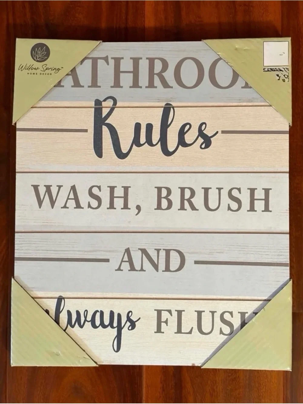 Willow Spring Bathroom Rules Sign Wash Brush Always Flush Cream Blue Grey